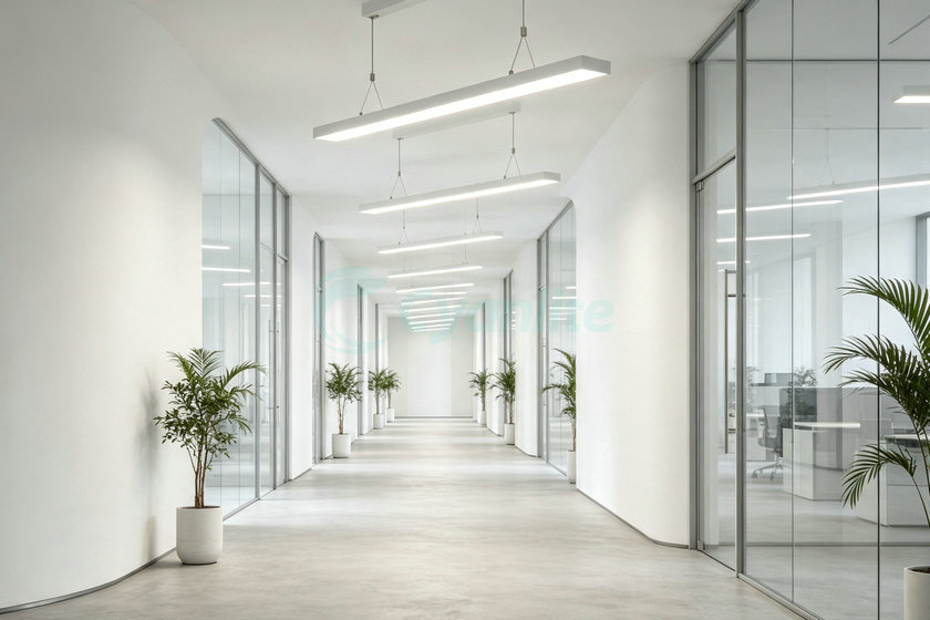 VISTRA frameless suspended linear light European office corridor real scene